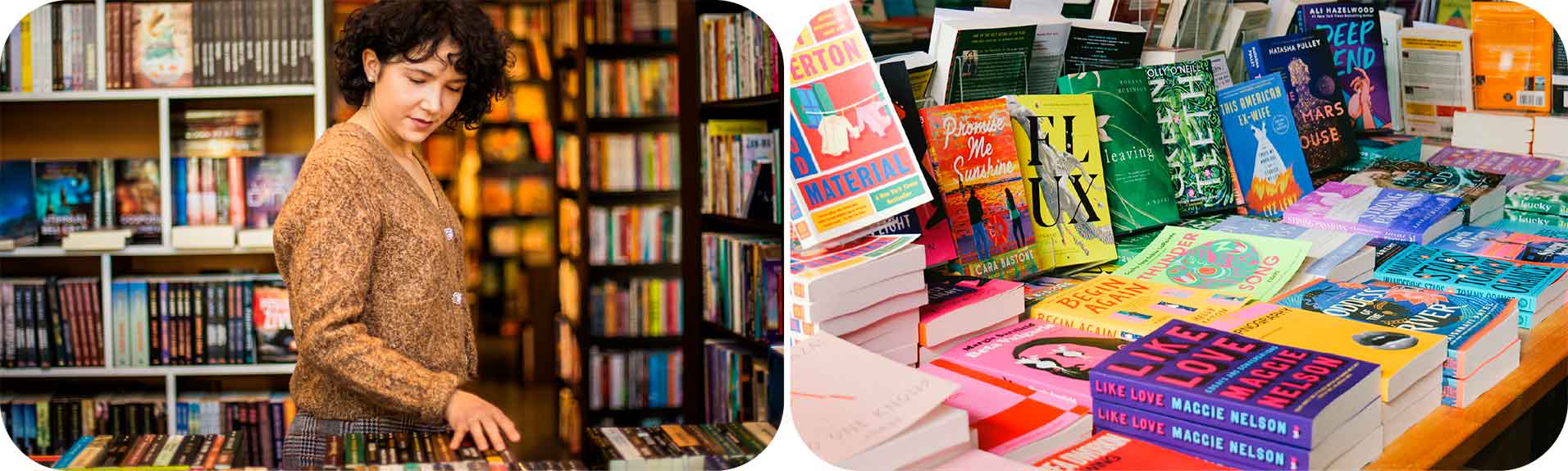 Girl in a bookstore with LGBTI books