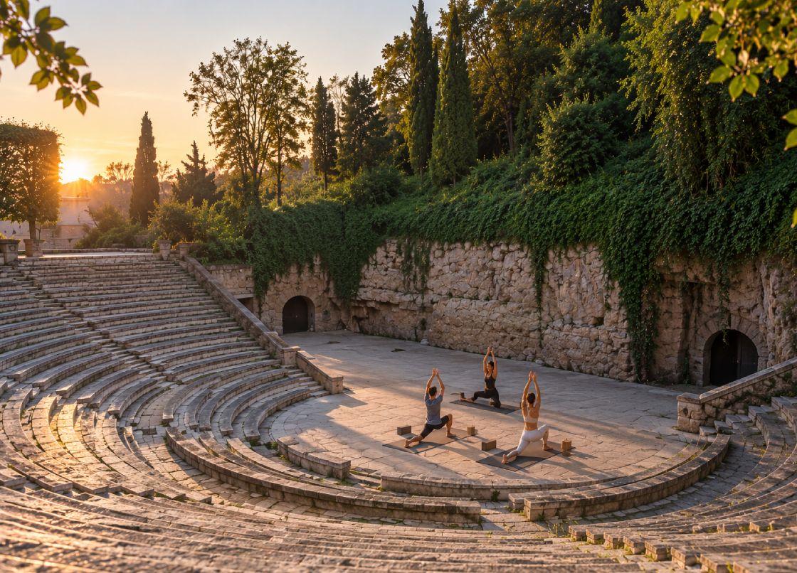 Private sunrise yoga session at the Teatre Grec on Montjuïc, Barcelona