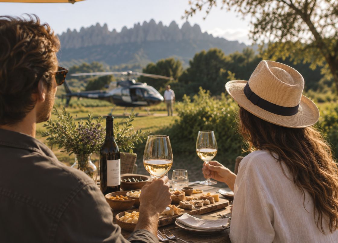 Private helicopter landed at a vineyard estate beneath Montserrat, Catalonia