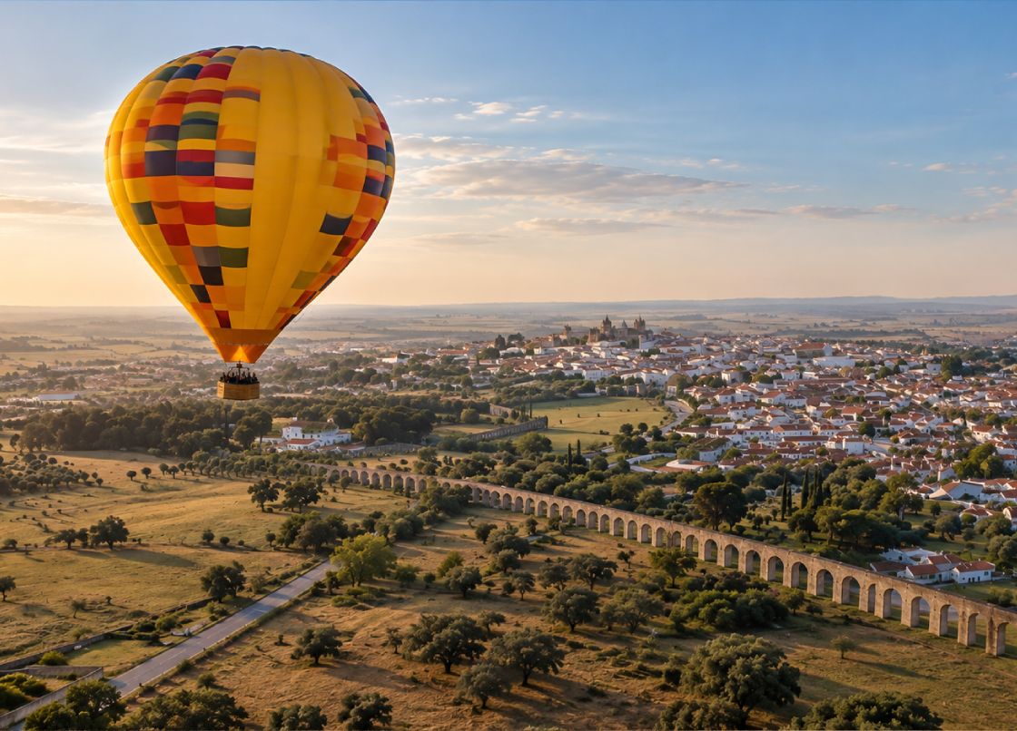 Hot air balloon at sunrise over the cork oak fields of the Alentejo, near Évora, Portugal
