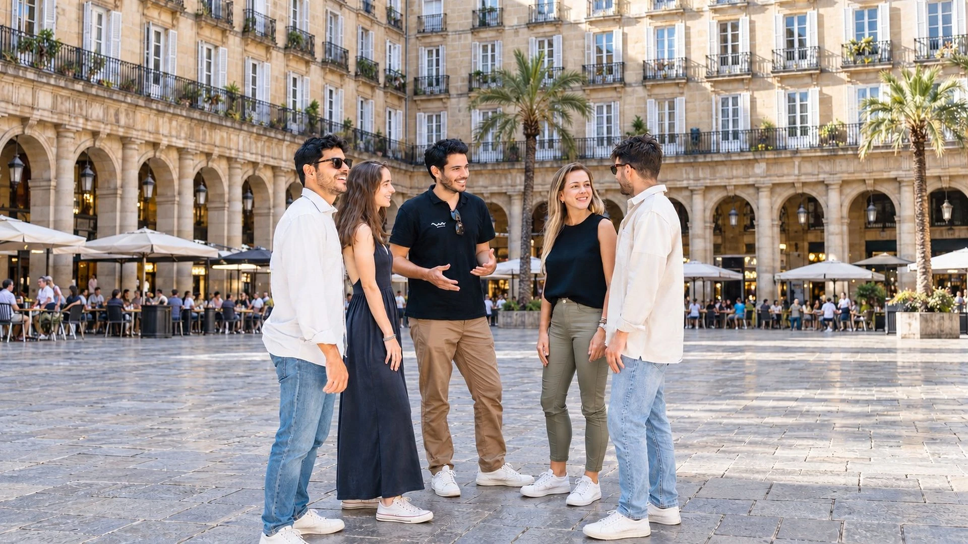 Private guide with a small group in Bilbao’s Old Town during a private walking tour