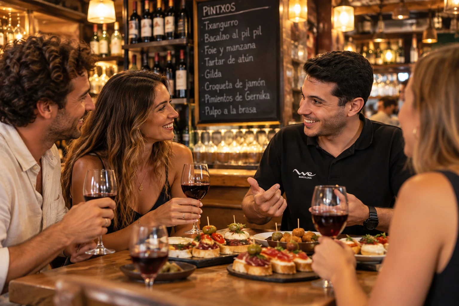 Guests enjoying Basque pintxos and wine with their private local guide in a traditional Bilbao bar.