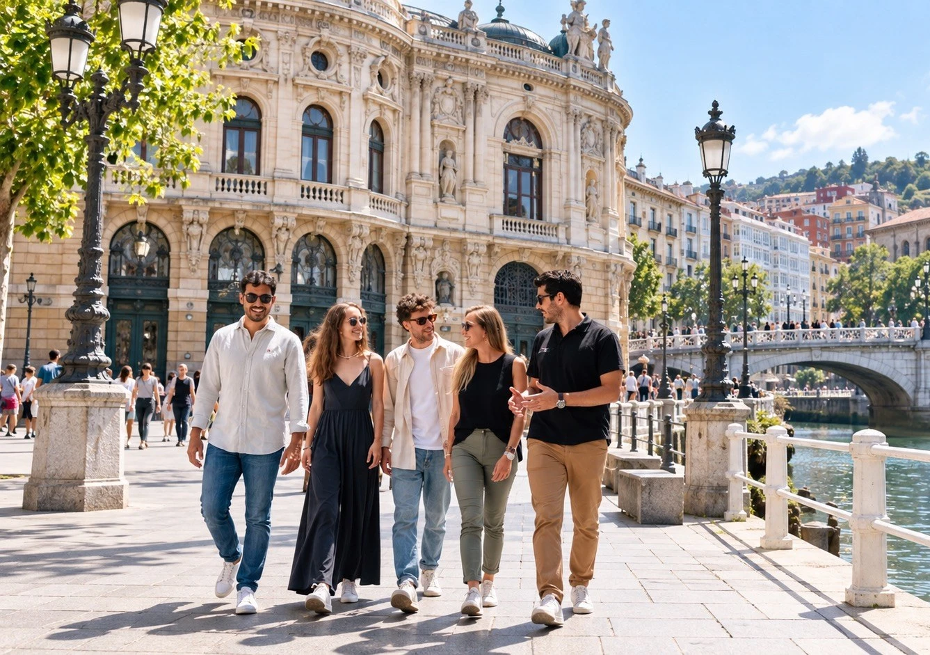 Private guide with a small group in Bilbao’s Old Town during a private walking tour