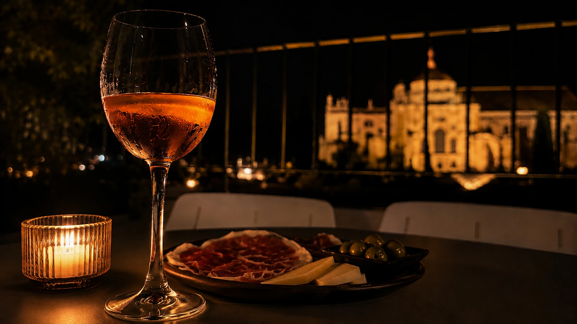Glass of local sparkling wine on a private rooftop terrace, with the illuminated Mosque-Cathedral of Córdoba in the background at night