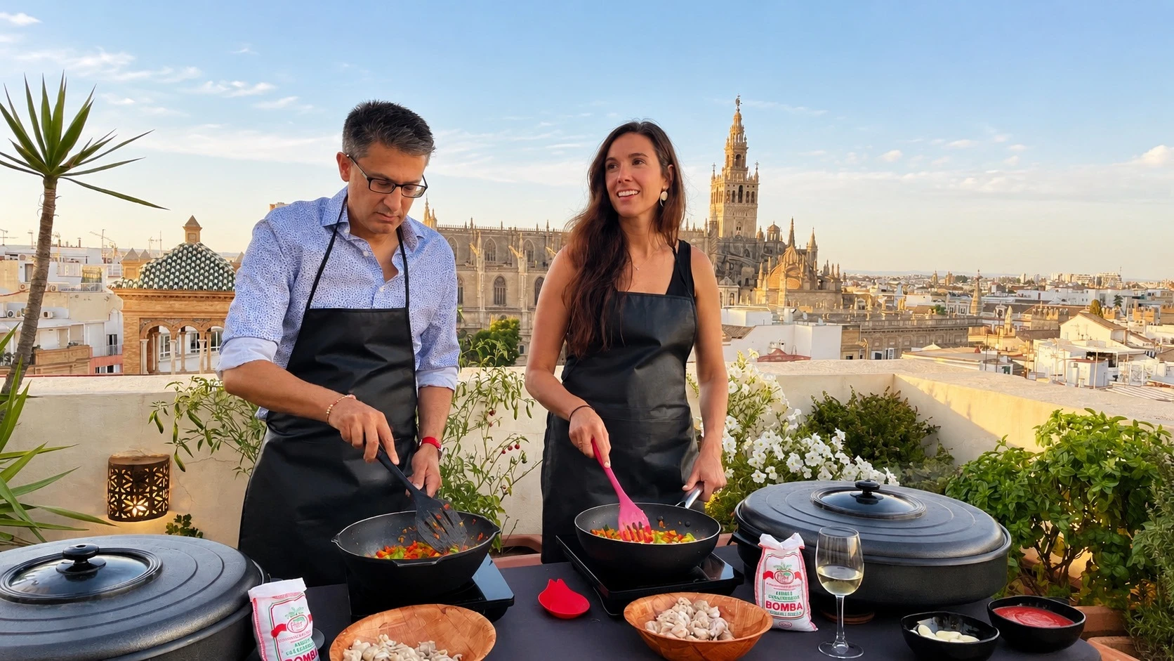 Guests cooking paella on a private rooftop with Seville Cathedral and Giralda views