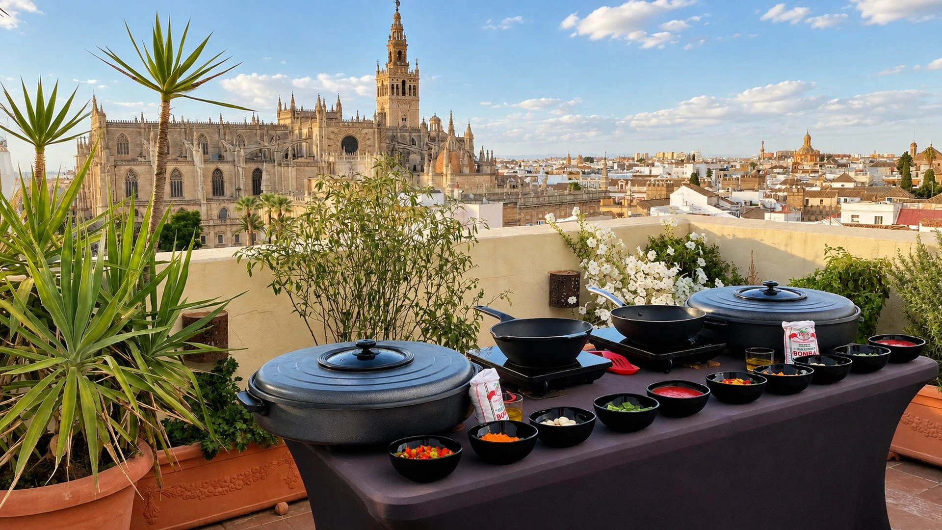 Rooftop cooking experience overlooking Seville Cathedral and the Giralda