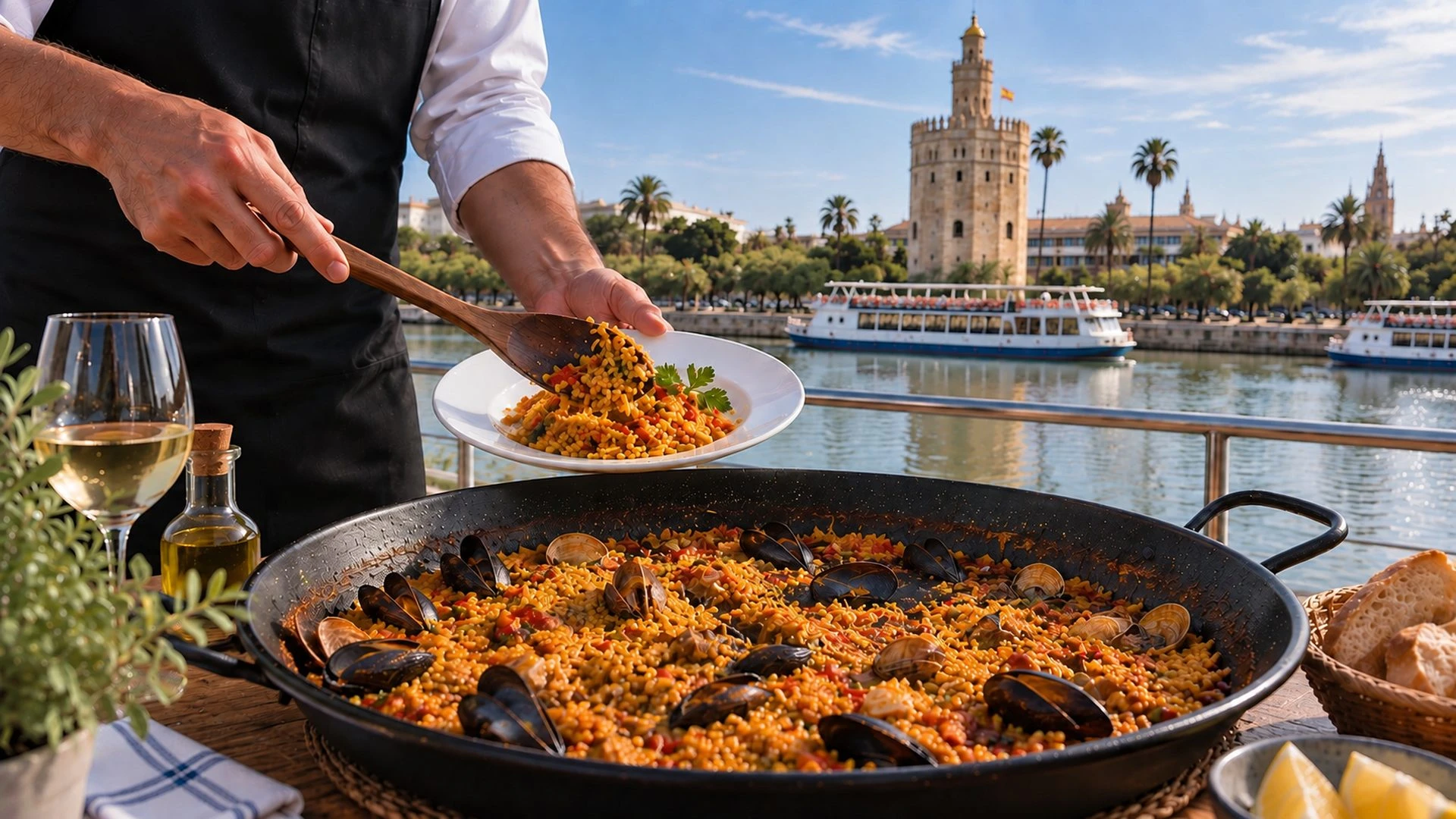 Paella served on a private Guadalquivir River cruise with views of the Torre del Oro in Seville